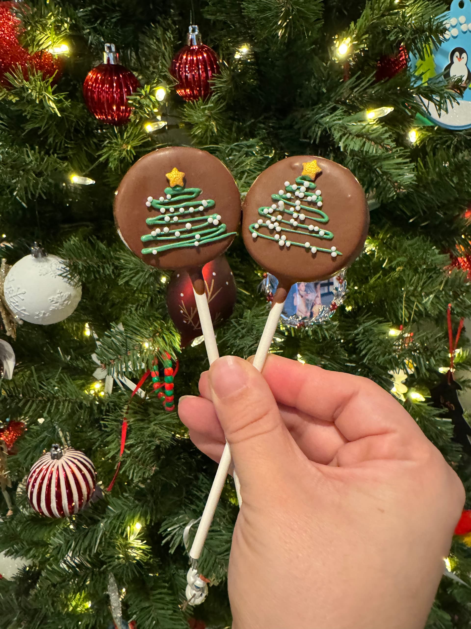 Two round chocolate cookies decorated with a piped green Christmas tree design, held in front of a Christmas tree.